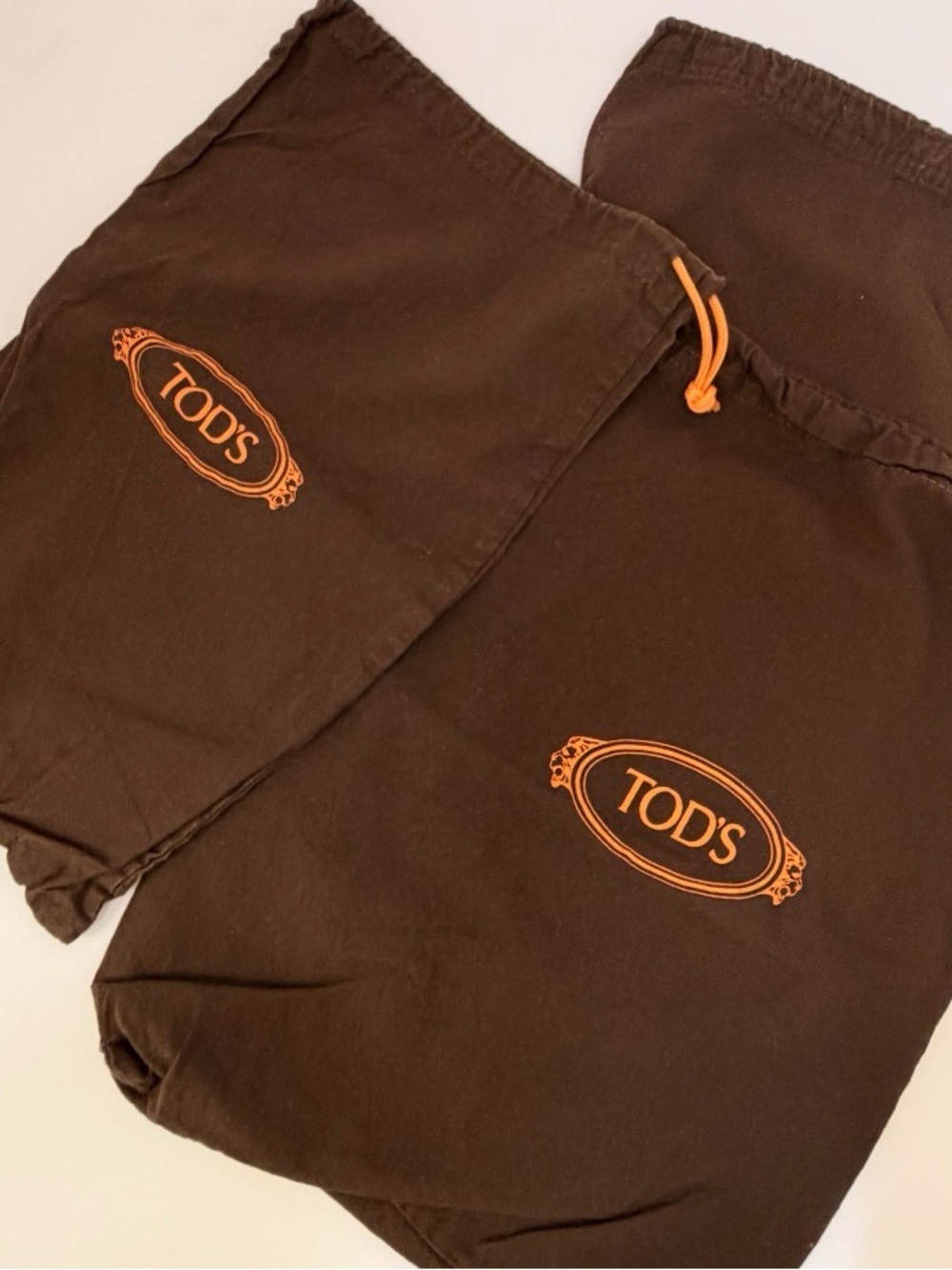 Tod's Brown Fabric Dust Bags with Orange Logo and Drawstring